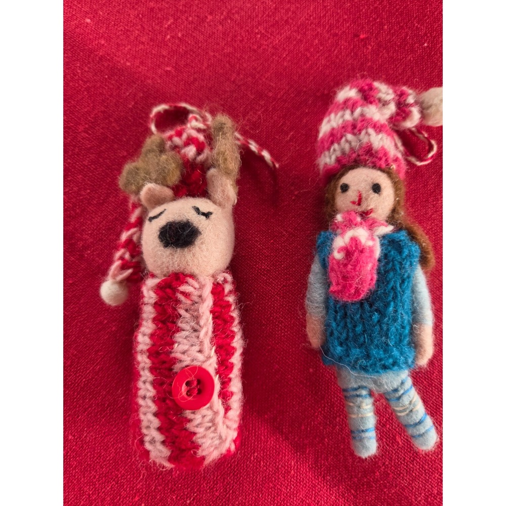 Anthropologie Christmas Wool Ornaments Felted Reindeer and Girl Set of 2